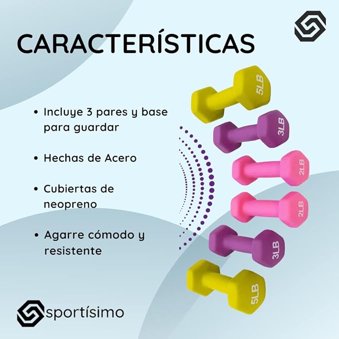 Sportisimo - Set 6 Mancuernas Fitness de Neopreno Hexagonales con Base Incluida, Ideal para Ejercicio en Casa, Entrenamiento y Gimnasio 2, 3, 5 lbs.