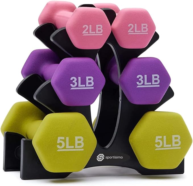Sportisimo - Set 6 Mancuernas Fitness de Neopreno Hexagonales con Base Incluida, Ideal para Ejercicio en Casa, Entrenamiento y Gimnasio 2, 3, 5 lbs.