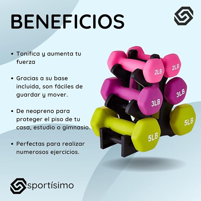Sportisimo - Set 6 Mancuernas Fitness de Neopreno Hexagonales con Base Incluida, Ideal para Ejercicio en Casa, Entrenamiento y Gimnasio 2, 3, 5 lbs.