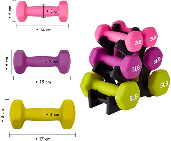 Sportisimo - Set 6 Mancuernas Fitness de Neopreno Hexagonales con Base Incluida, Ideal para Ejercicio en Casa, Entrenamiento y Gimnasio 2, 3, 5 lbs.