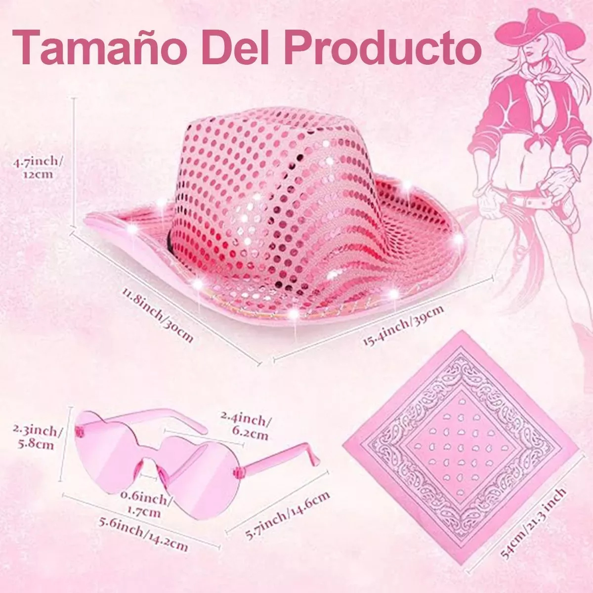 3pc Sombrero Vaquero Con Luz Led Para Fiesta Y Gafas Corazón