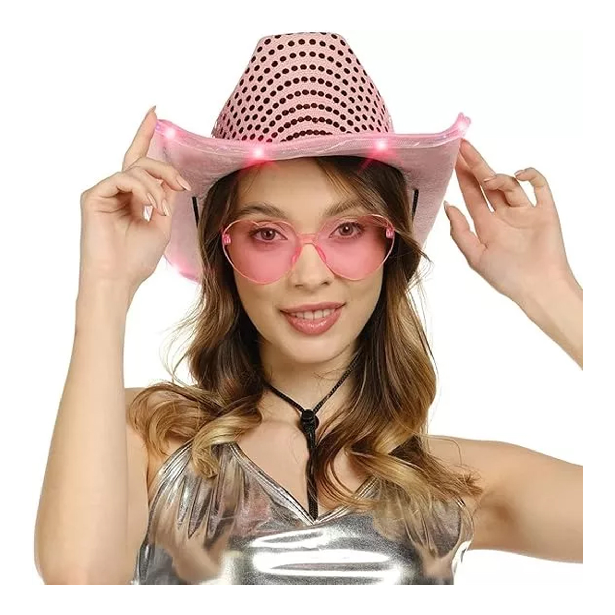 3pc Sombrero Vaquero Con Luz Led Para Fiesta Y Gafas Corazón