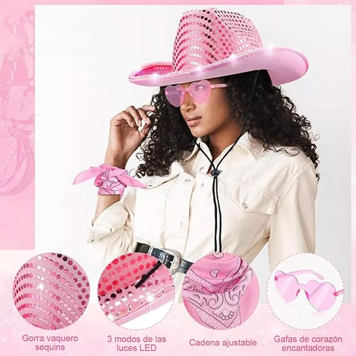 3pc Sombrero Vaquero Con Luz Led Para Fiesta Y Gafas Corazón