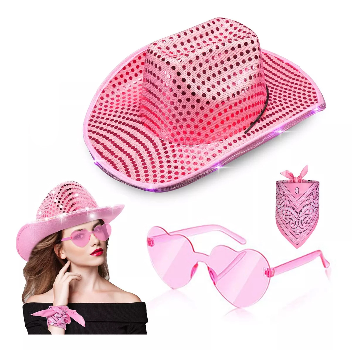 3pc Sombrero Vaquero Con Luz Led Para Fiesta Y Gafas Corazón
