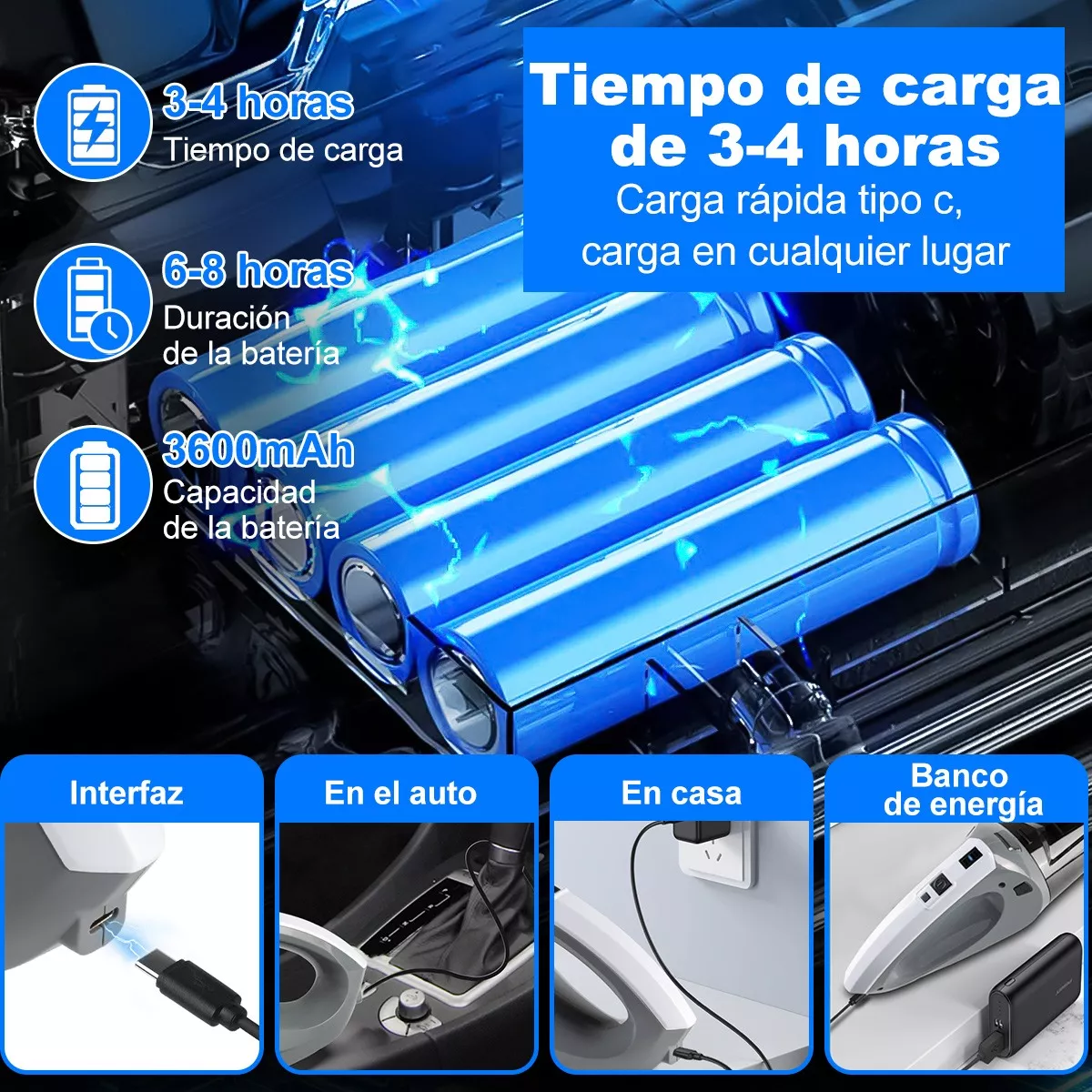 Aspiradora De Autos Inalambrica Mano 9kpa Con Luz Led 3 En 1.