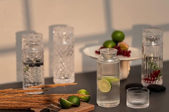 A Alfi+Mag - Juego de jarra de agua y vasos de vidrio para mesita de noche, botella de agua de 25.5 onzas con vaso de 6 onzas para mesita de noche, juego de baño de jarra de enjuague bucal, (vidrio transparente para ripe).