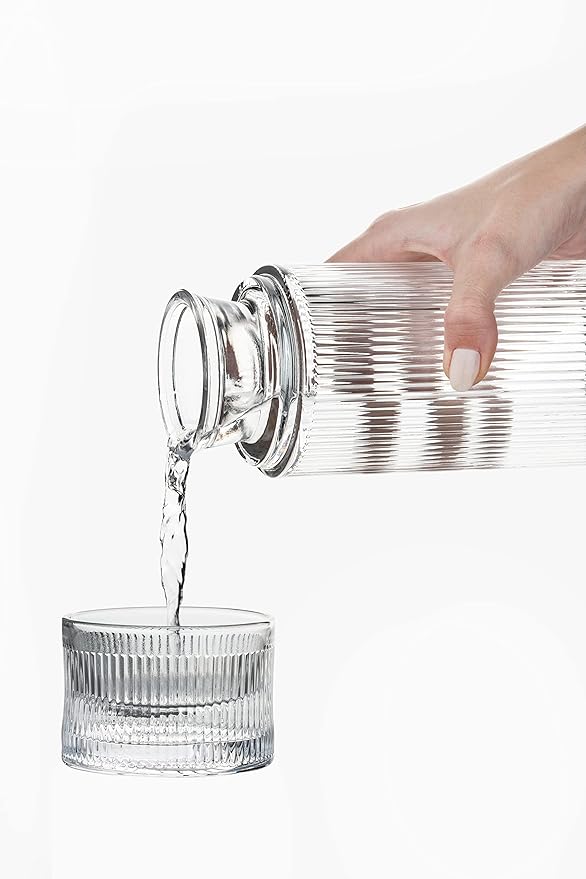 A Alfi+Mag - Juego de jarra de agua y vasos de vidrio para mesita de noche, botella de agua de 25.5 onzas con vaso de 6 onzas para mesita de noche, juego de baño de jarra de enjuague bucal, (vidrio transparente para ripe).