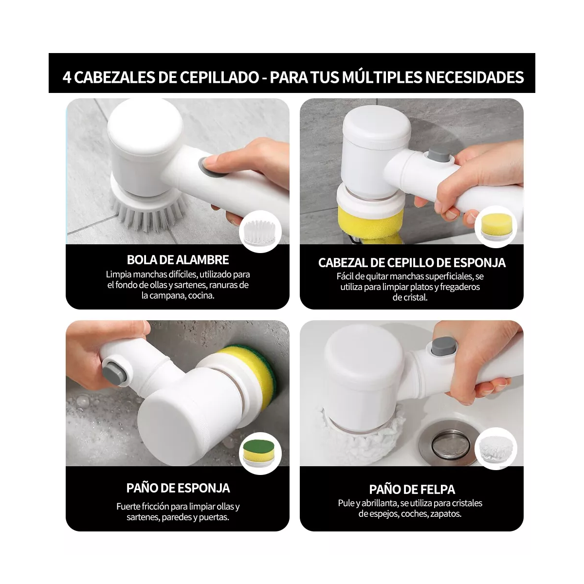 Cepillo Giratorio Eléctrico Con 5 Cabezales Para Cocina Baño.