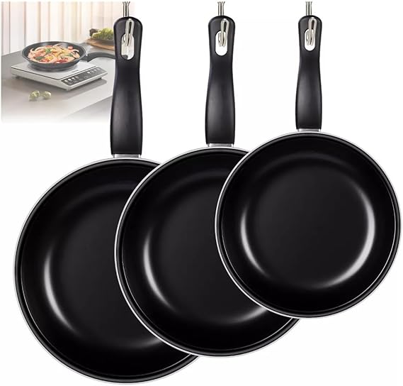 A Sartenes para Freír Juego de 3 Piezas Sartenes, Juego de Sartén Antiadherente 20cm 25cm 30cm, Sarten Hierro Equipado con Mango Anti-caliente, Ideal para Freír, Saltear, Cocinar, Pizza y Más.