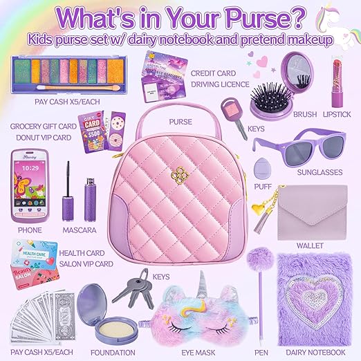 Bolso De Viaje Para Niña Con 49 Accesorios | Set De Maquillaje Falso, Teléfono, Gafas, Cartera Y Pasaporte | Regalo De Cumpleaños Para 3+ Años