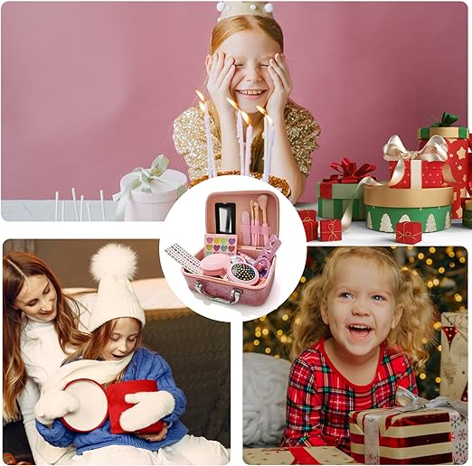 A Juguetes de maquillaje lavables para niñas-24 piezas ,Kit de maleta de maquillaje simulado no tóxico,Estilo Princesa, Maquillaje para juegos de simulación ， Adecuado para regalo para Niños de 4 5 6 7 8 9 10 años.