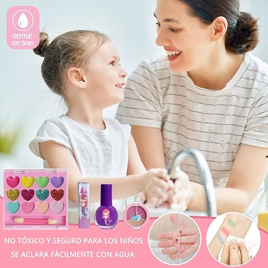 A Juguetes de maquillaje lavables para niñas-24 piezas ,Kit de maleta de maquillaje simulado no tóxico,Estilo Princesa, Maquillaje para juegos de simulación ， Adecuado para regalo para Niños de 4 5 6 7 8 9 10 años.