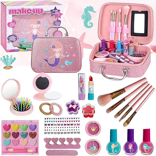 A Juguetes de maquillaje lavables para niñas-24 piezas ,Kit de maleta de maquillaje simulado no tóxico,Estilo Princesa, Maquillaje para juegos de simulación ， Adecuado para regalo para Niños de 4 5 6 7 8 9 10 años.