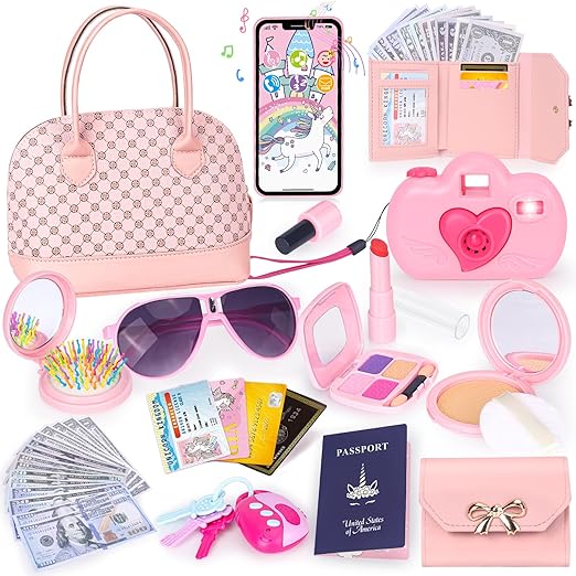 A Oisacirg - Bolso de juego para niñas pequeñas, 35 unidades con maquillaje de simulación para niños pequeños, juguetes de princesa incluye bolso, teléfono, portafolios, cámara, llaves, bolso de regalo.