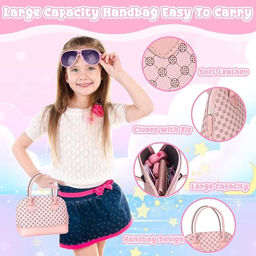 A Oisacirg - Bolso de juego para niñas pequeñas, 35 unidades con maquillaje de simulación para niños pequeños, juguetes de princesa incluye bolso, teléfono, portafolios, cámara, llaves, bolso de regalo.