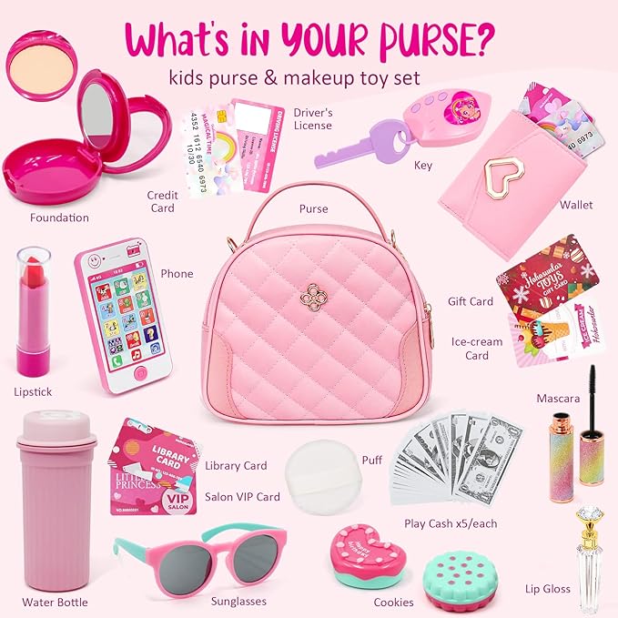 A Accesorios para cartera para niños, juguete de princesa, para teléfono celular, maquillaje, falso, portafolios, llaves, tarjeta de crédito, botella de agua, regalos de cumpleaños, juguetes para niñas.