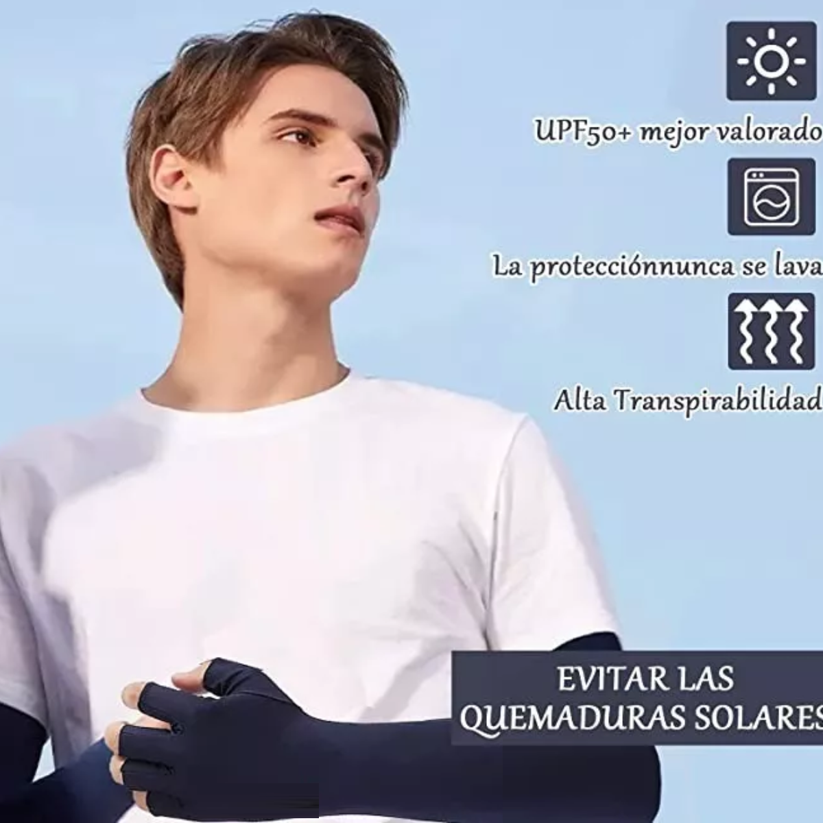 Mangas Protectoras Brazo Uv Para Sol Con Guante Dos Dedos Azul.