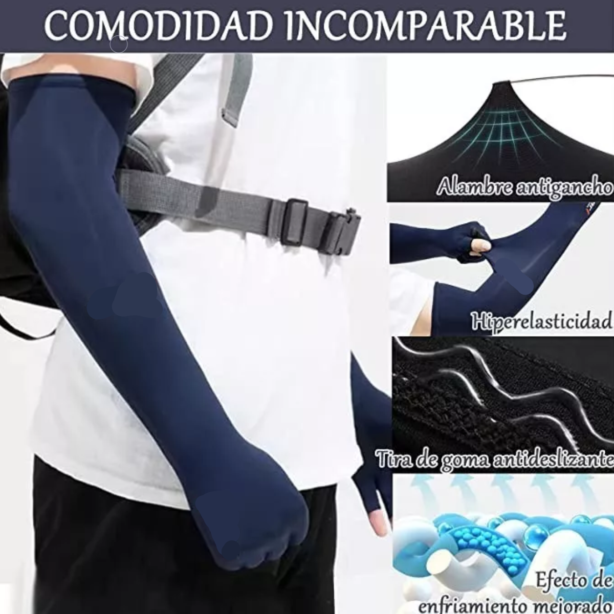Mangas Protectoras Brazo Uv Para Sol Con Guante Dos Dedos Azul.