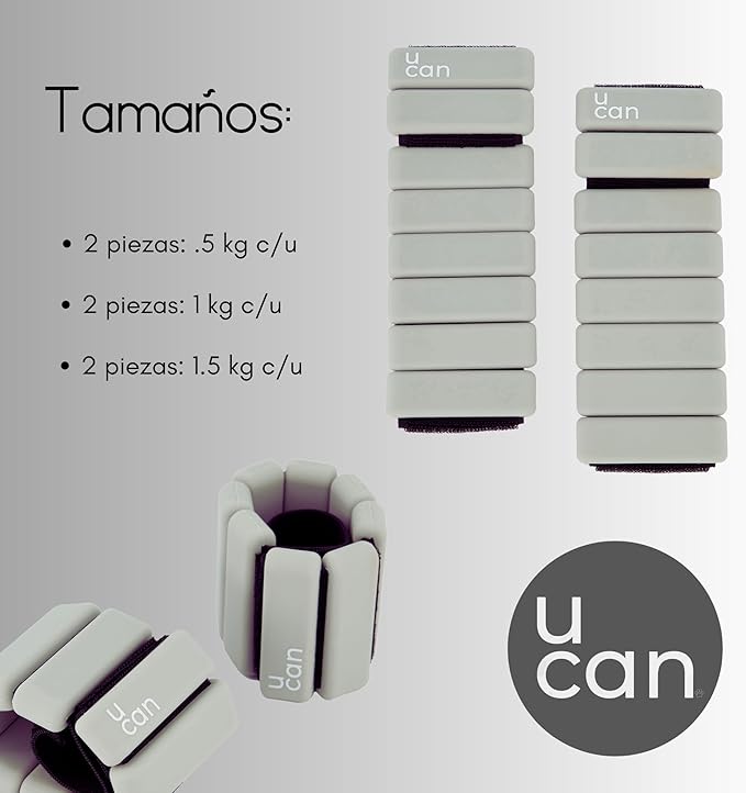 UCAN Pesas para Tobillos y Muñecas | Polainas de Silicon de Medio o Un Kilo (0.5-1.5 kg) para Pilates, Yoga y Fitness | Muñequeras y Tobilleras con Peso | Varios Colores.