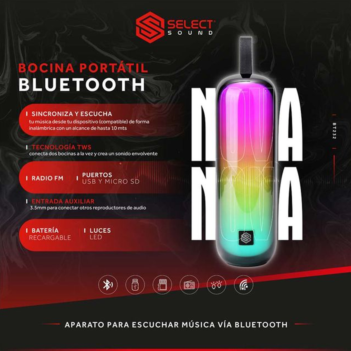 Select Sound Bocina Inalámbrica Bluetooth Nova Tws Luz Led Radio Fm Bt232