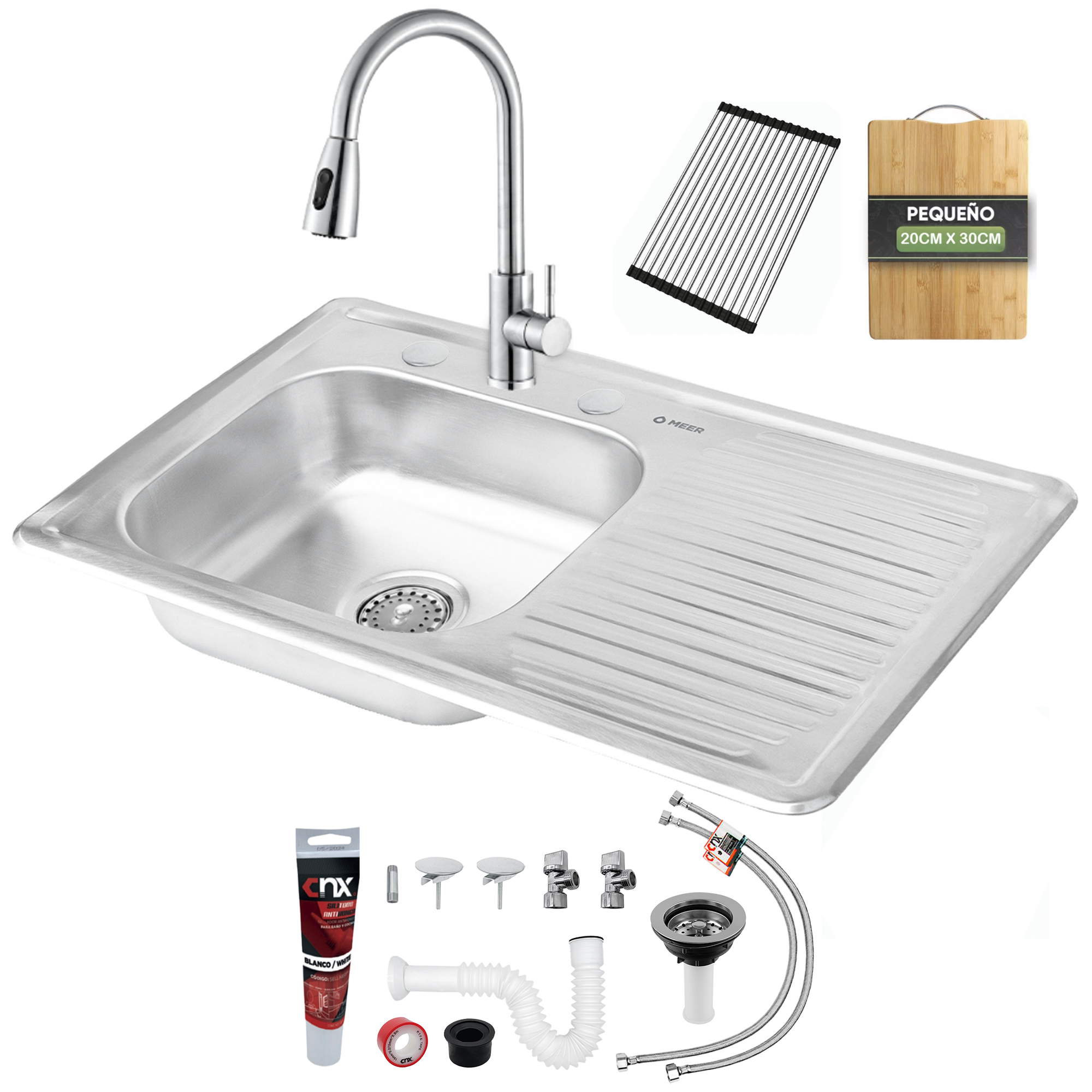 Kit de Tarja con Mezcladora Multifuncional de Acero Inoxidable – Incluye Tabla para Cortar y Escurridero de Regalo