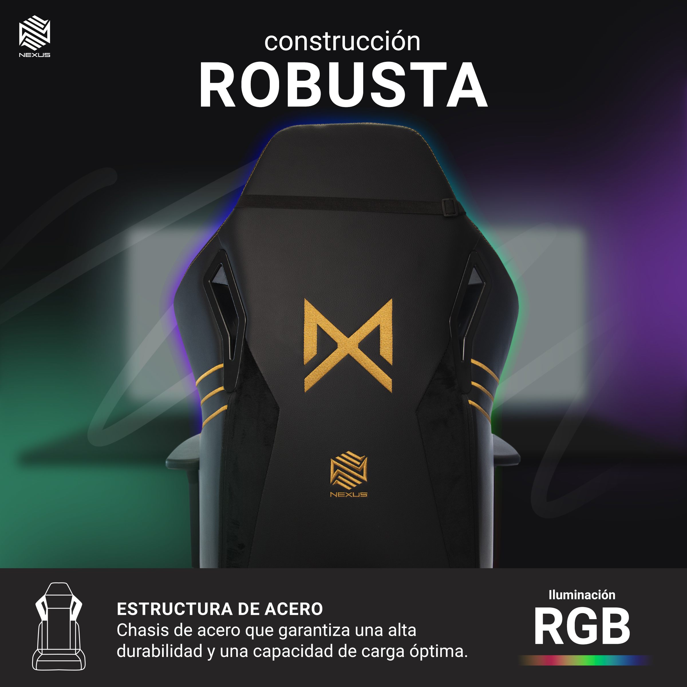 Silla Gamer Nexus Stellar Escritorio Oficina Luz LED RGB (Negro/Dorado)