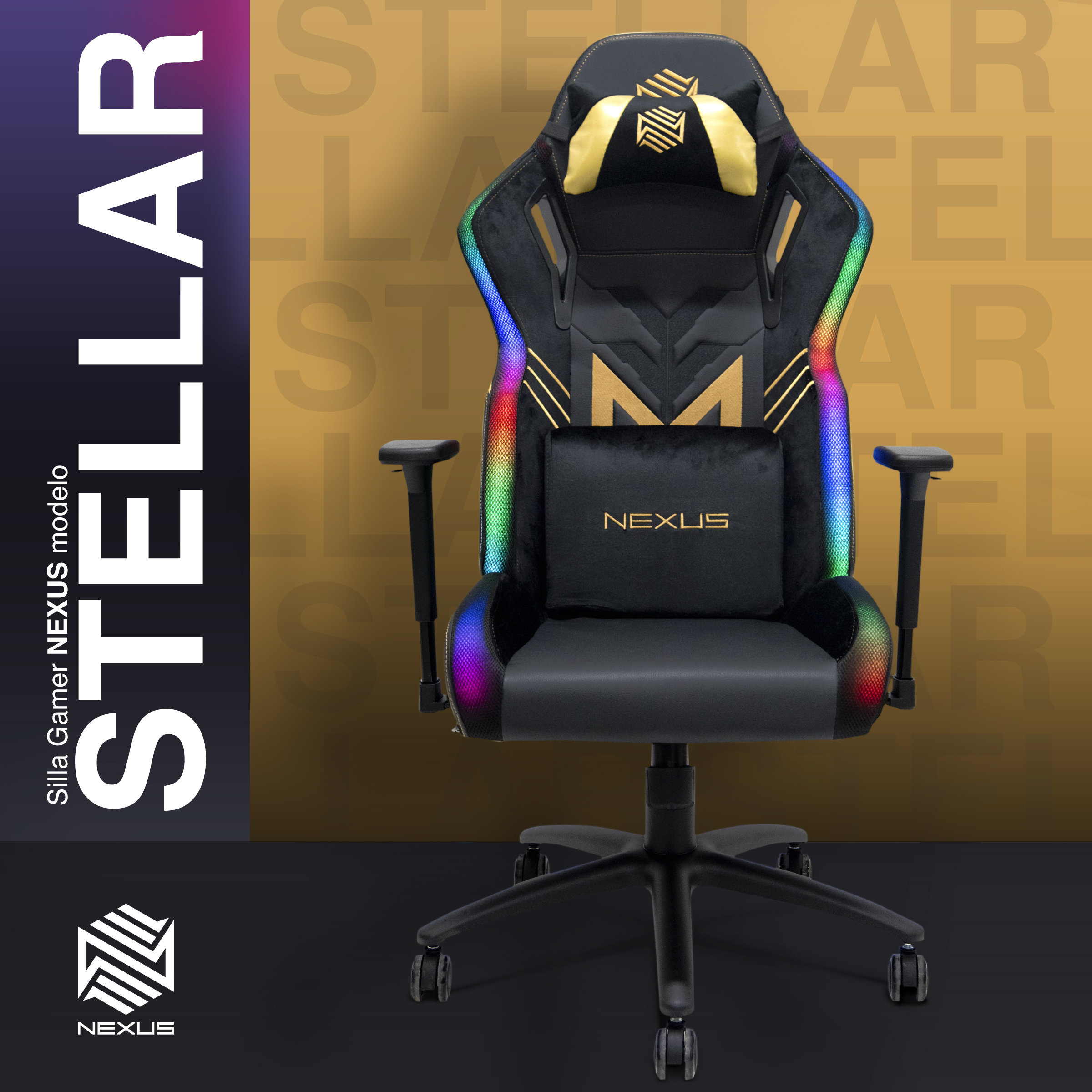 Silla Gamer Nexus Stellar Escritorio Oficina Luz LED RGB (Negro/Dorado)