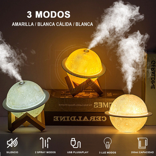 Humidificador Difusor Lámpara Forma Planeta Luna Con 3 Modos.