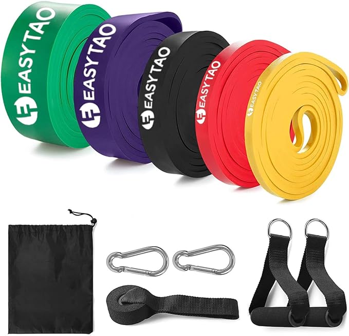 E T EASYTAO Bandas de Resistencia 5PCS(Látex 100% Natural), Ligas de Resistencia para Ejercicio, Fuerte Bandas Elástica para Pull Up & Crossfit - con Ancla de Puerta, 2 Manijas, Ganchos y Bolsa.