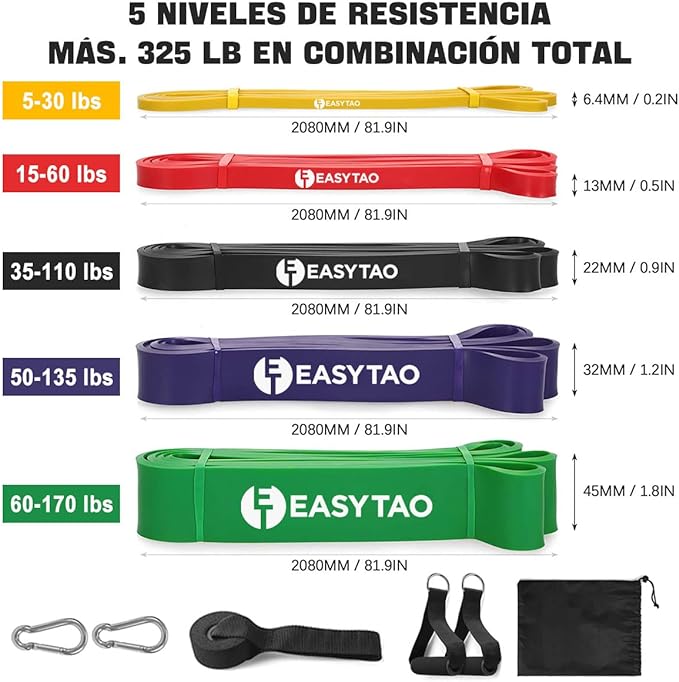 E T EASYTAO Bandas de Resistencia 5PCS(Látex 100% Natural), Ligas de Resistencia para Ejercicio, Fuerte Bandas Elástica para Pull Up & Crossfit - con Ancla de Puerta, 2 Manijas, Ganchos y Bolsa.