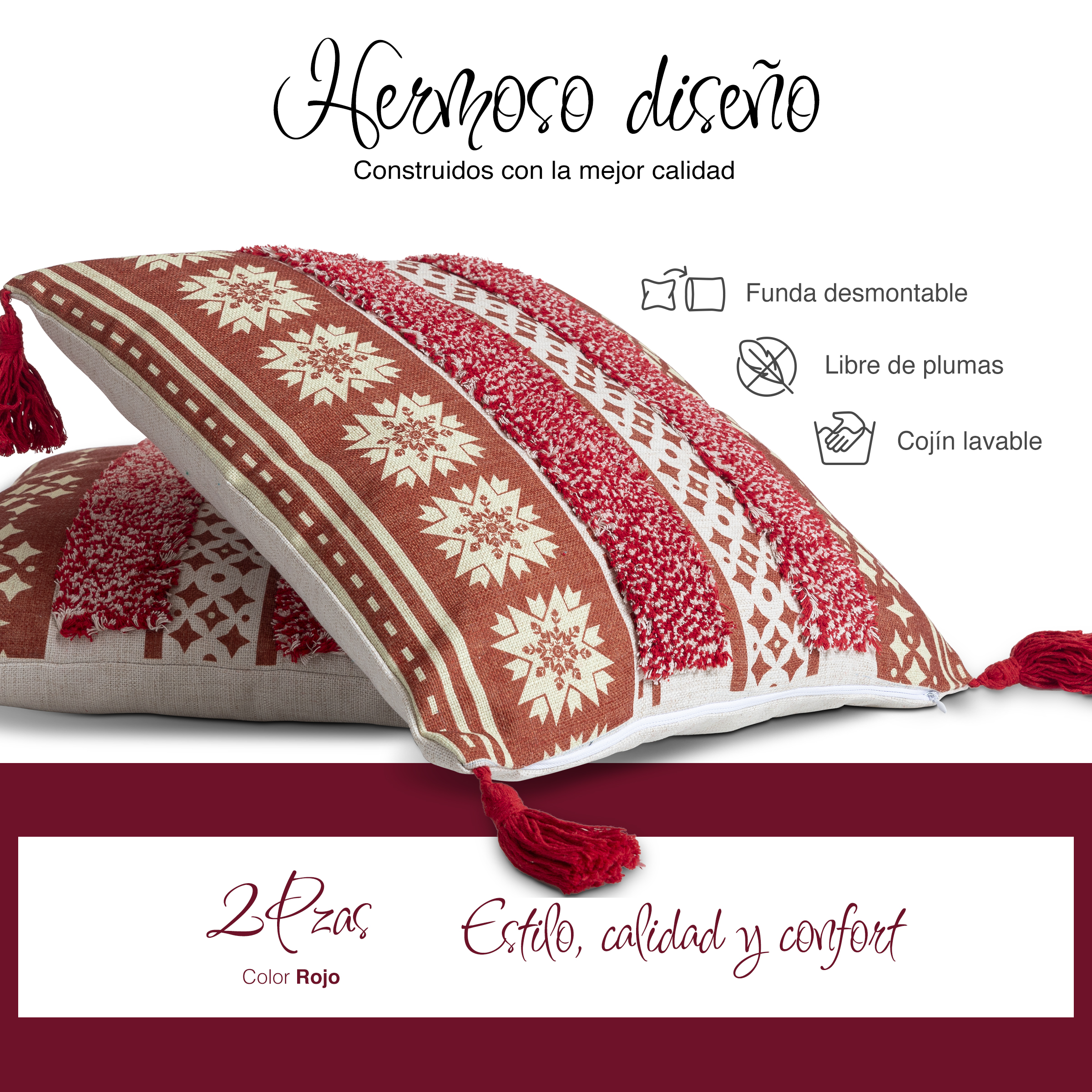 Cojines Decorativos Sala Yellow Mellow Raga Boho Style 2 Pzs (Rojo)