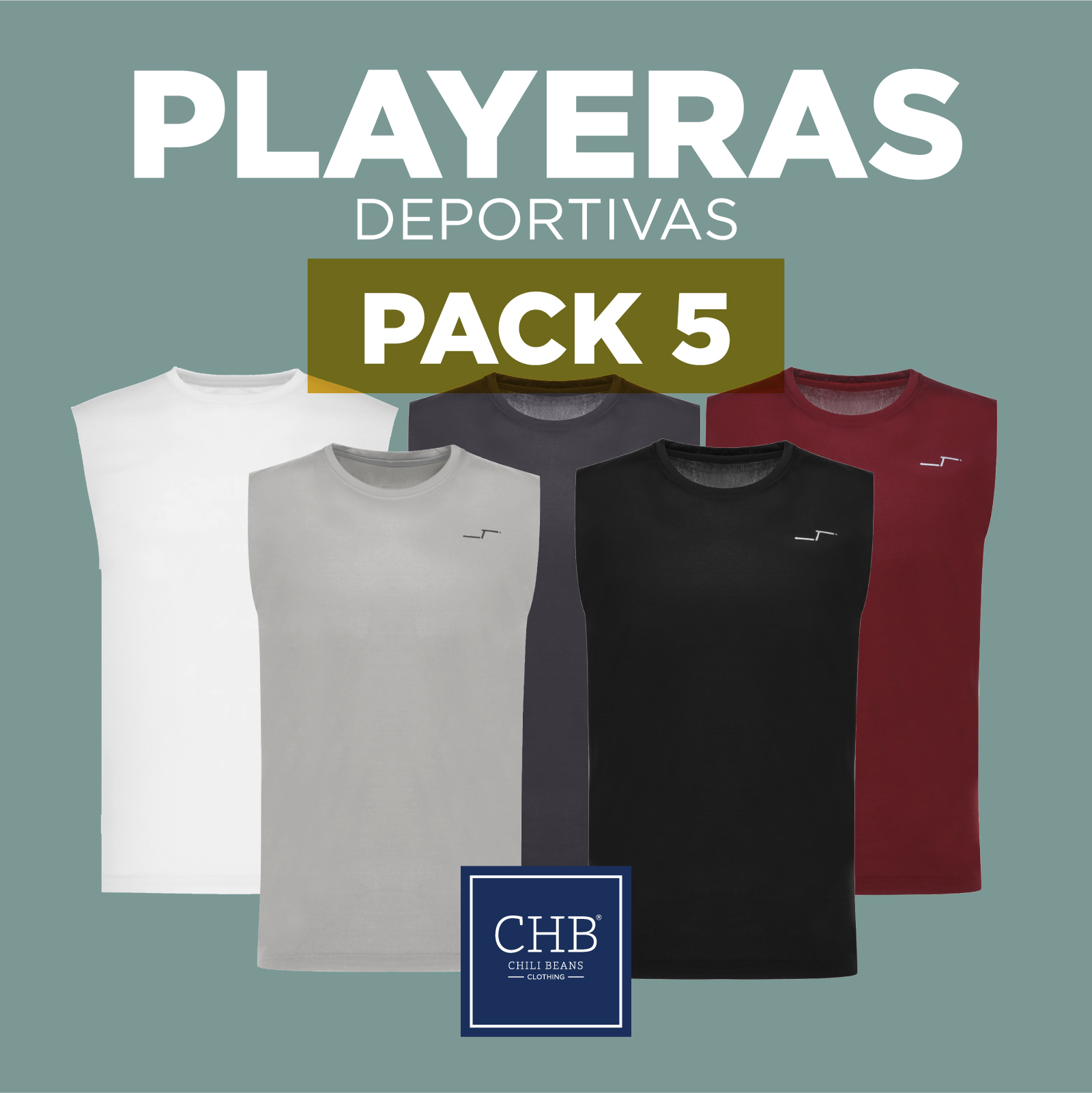 Paquete De 5 Playeras Deportivas Sin Mangas Cuello Redondo Para Hombre CHB Chili Beans Clothing Co.