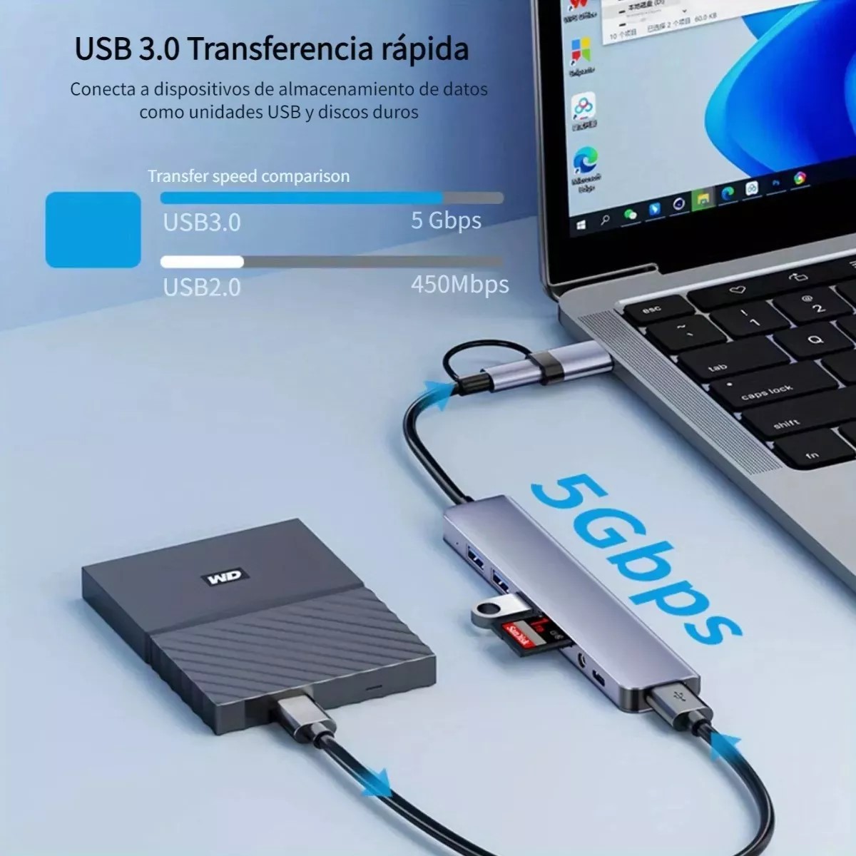 Concentrador hub cel puertos USB tipo C estación acoplamiento aluminio multi puerto Mac memoria