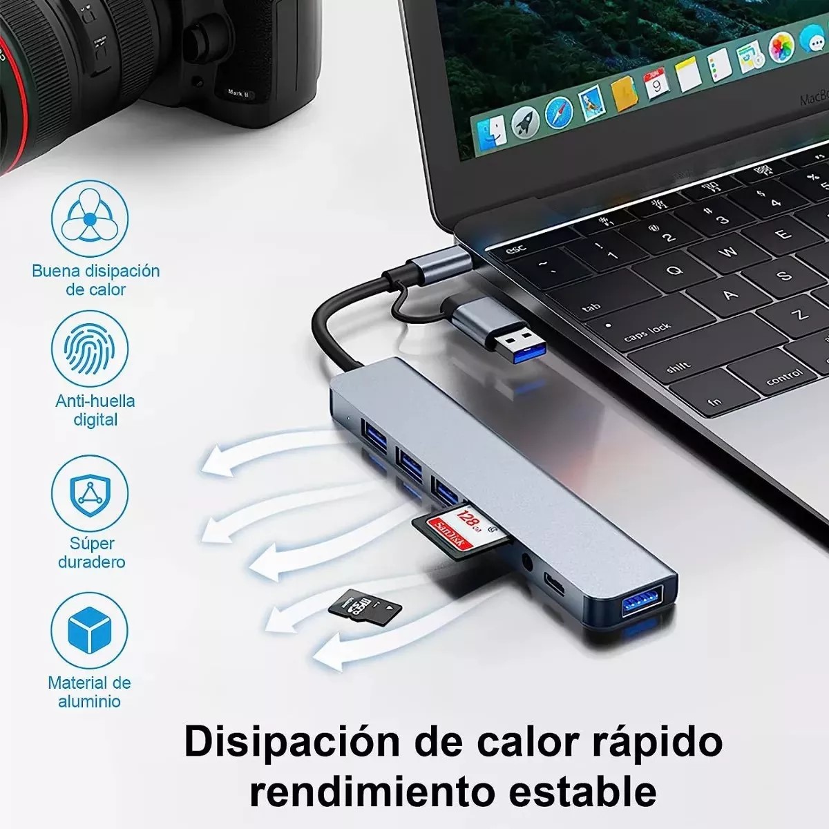 Concentrador hub cel puertos USB tipo C estación acoplamiento aluminio multi puerto Mac memoria