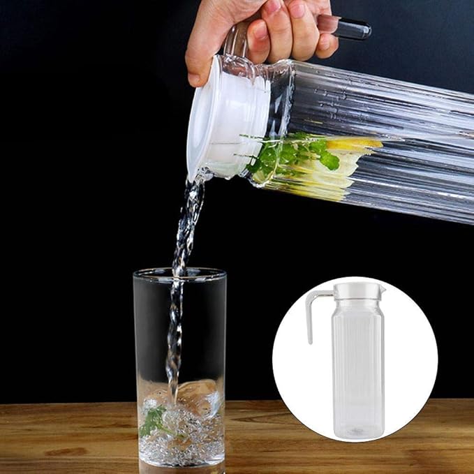A Botella de jugo acrílico transparente a rayas, jarra de jugo frío con tapa, ideal para jugo casero y té frío o para botellas de leche de vidrio, botellas reutilizables (1100 ml).