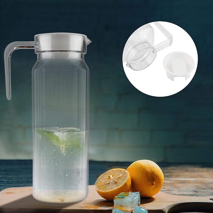 A Botella de jugo acrílico transparente a rayas, jarra de jugo frío con tapa, ideal para jugo casero y té frío o para botellas de leche de vidrio, botellas reutilizables (1100 ml).
