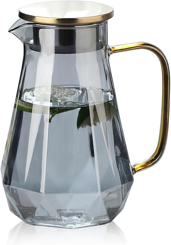 A ALIMOTA Jarra de vidrio de 2L con diseño de diamante negro y tapa de acero inoxidable - Ideal para bebidas frías y calientes - Resistente al frío y al calor - Perfecta para decorar tu hogar.