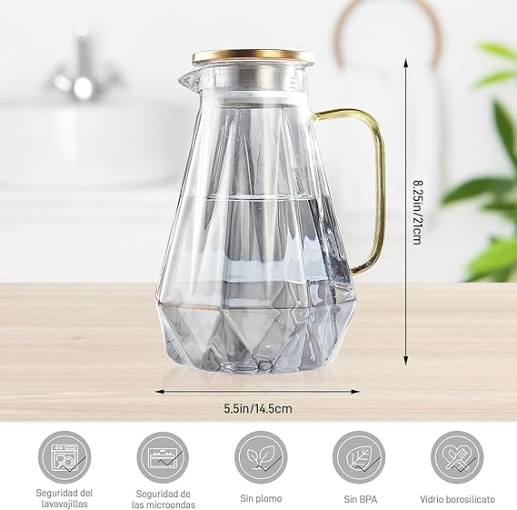 A ALIMOTA Jarra de vidrio de 2L con diseño de diamante negro y tapa de acero inoxidable - Ideal para bebidas frías y calientes - Resistente al frío y al calor - Perfecta para decorar tu hogar.