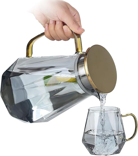 A ALIMOTA Jarra de vidrio de 2L con diseño de diamante negro y tapa de acero inoxidable - Ideal para bebidas frías y calientes - Resistente al frío y al calor - Perfecta para decorar tu hogar.