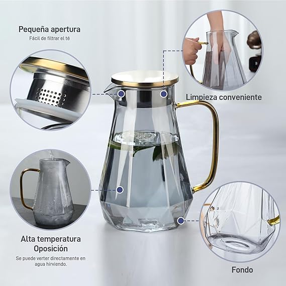 A ALIMOTA Jarra de vidrio de 2L con diseño de diamante negro y tapa de acero inoxidable - Ideal para bebidas frías y calientes - Resistente al frío y al calor - Perfecta para decorar tu hogar.