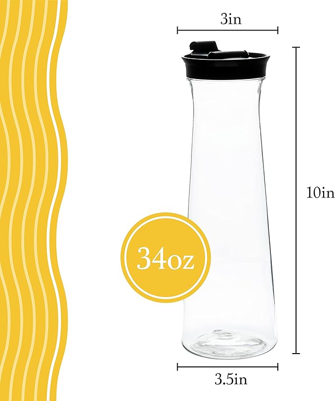 Jarras de agua de plástico transparente con tapa abatible negra de 34 onzas, jarra de bebidas resistente para jugos o café helado, ideal para bar de Mimosa, restaurantes de escuelas, paquete de 4.