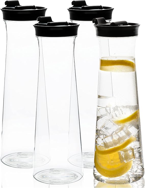 Jarras de agua de plástico transparente con tapa abatible negra de 34 onzas, jarra de bebidas resistente para jugos o café helado, ideal para bar de Mimosa, restaurantes de escuelas, paquete de 4.