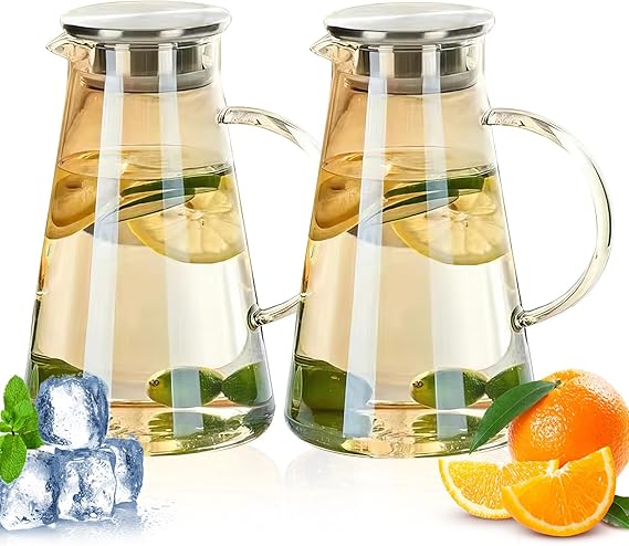 A 2 PCS Jarra de Vidrio con Tapa 1.85L,Jarra de Agua Vidrio con Asa,Refractarios Botella Vidrio,Jarra de Borosilicato Resistente Calor y Frío,Tetera Vidrio para Líquido Hirviendo Té Caliente y Frío Jugo.