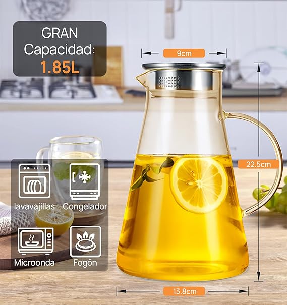 A 2 PCS Jarra de Vidrio con Tapa 1.85L,Jarra de Agua Vidrio con Asa,Refractarios Botella Vidrio,Jarra de Borosilicato Resistente Calor y Frío,Tetera Vidrio para Líquido Hirviendo Té Caliente y Frío Jugo.
