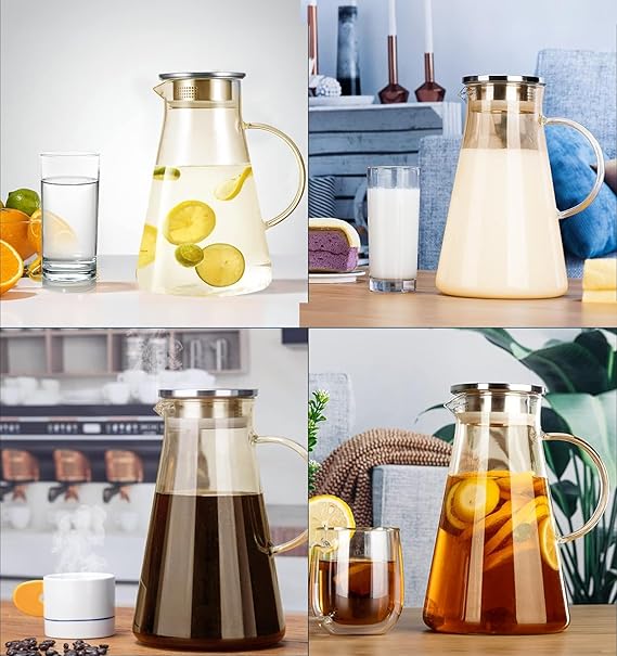 A 2 PCS Jarra de Vidrio con Tapa 1.85L,Jarra de Agua Vidrio con Asa,Refractarios Botella Vidrio,Jarra de Borosilicato Resistente Calor y Frío,Tetera Vidrio para Líquido Hirviendo Té Caliente y Frío Jugo.