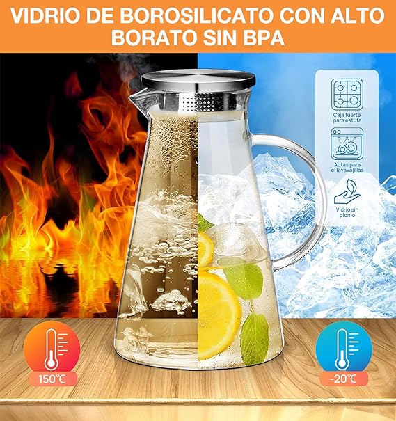 A 2 PCS Jarra de Vidrio con Tapa 1.85L,Jarra de Agua Vidrio con Asa,Refractarios Botella Vidrio,Jarra de Borosilicato Resistente Calor y Frío,Tetera Vidrio para Líquido Hirviendo Té Caliente y Frío Jugo.