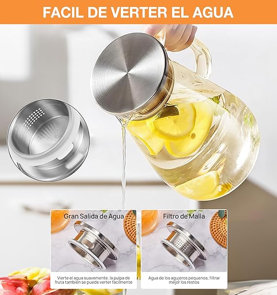 A 2 PCS Jarra de Vidrio con Tapa 1.85L,Jarra de Agua Vidrio con Asa,Refractarios Botella Vidrio,Jarra de Borosilicato Resistente Calor y Frío,Tetera Vidrio para Líquido Hirviendo Té Caliente y Frío Jugo.