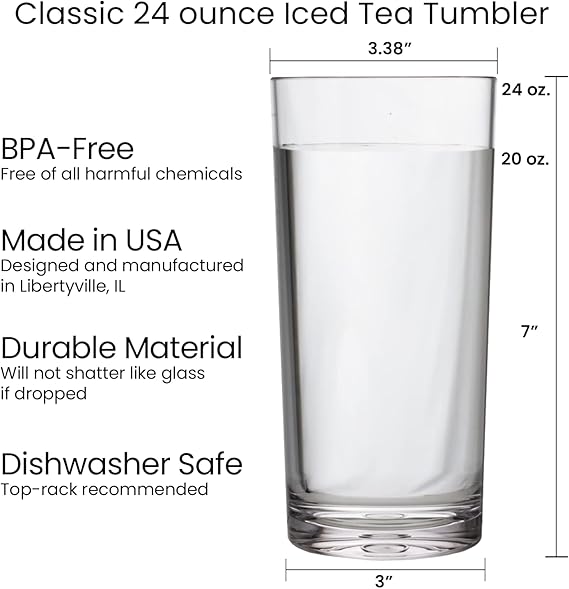 A Vasos reutilizables de plástico transparente clásicos de Estados Unidos (juego de 6) tazas de té helado de 24 onzas, vasos sin BPA, fabricados en Estados Unidos, aptos para lavaplatos.