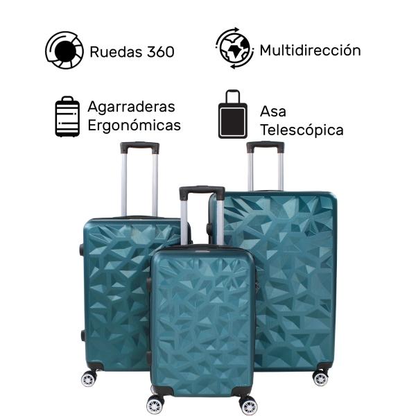 Set Juego 3 Maletas Rigidas Equipaje Viaje 4 Ruedas 360 Verde