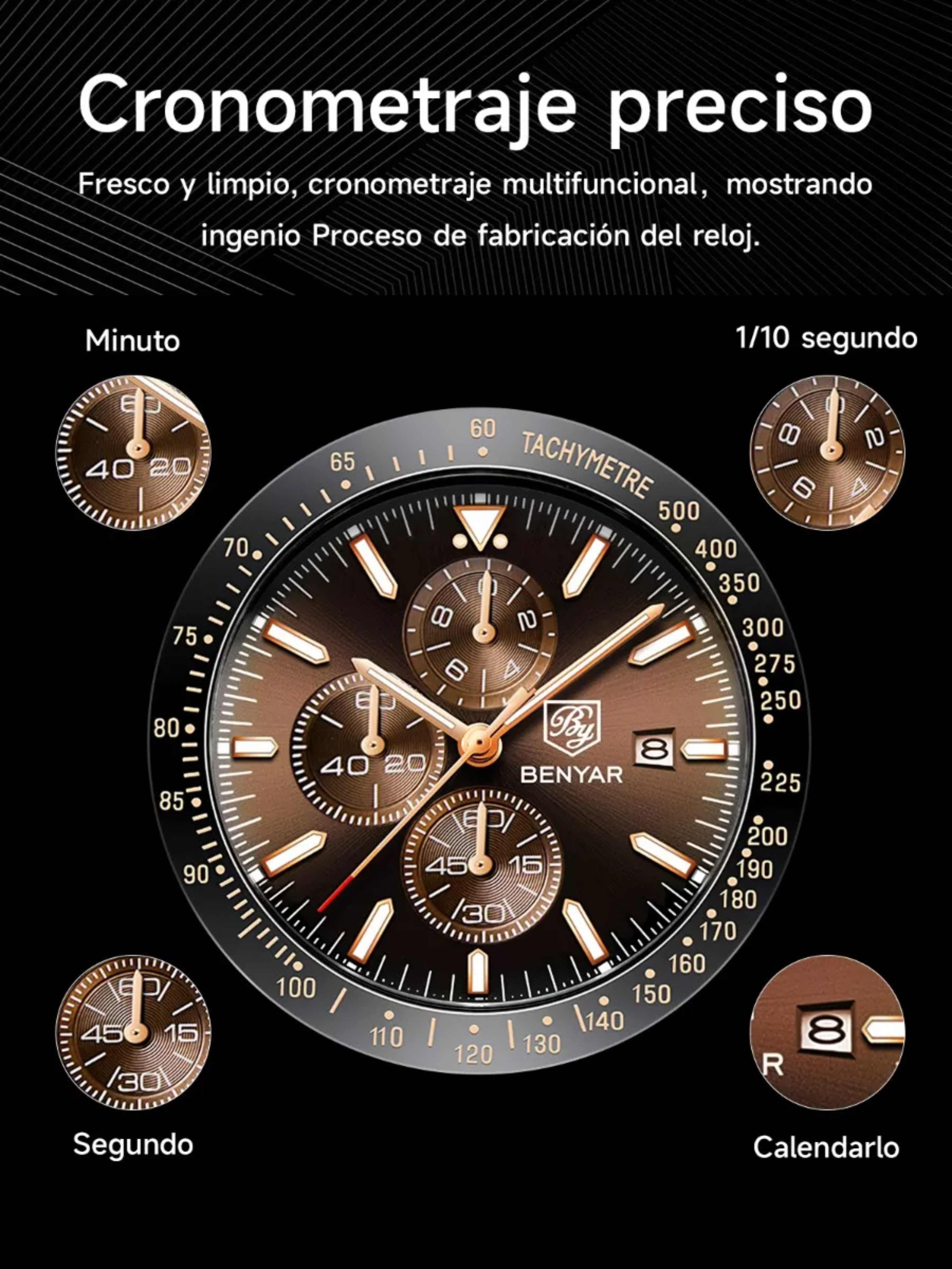 Reloj Benyar De Cuero Casual Para Hombre Con Cronógrafo.
